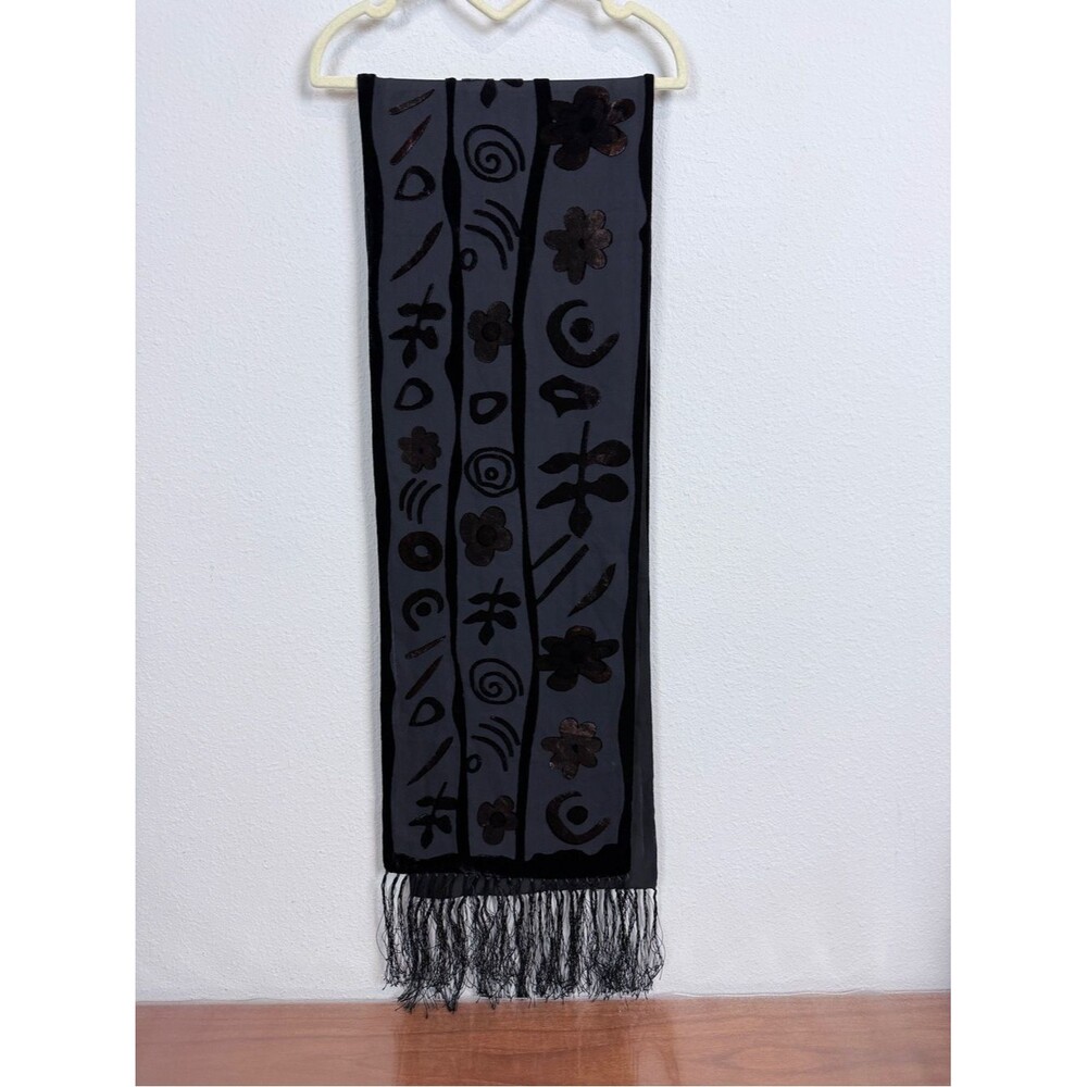 Boutique Black Floral Chiffon Silk & Burnout Velvet Floral Scarf 9.5x61”